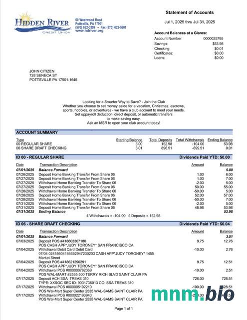 USA One Finance, Inc. wyciąg bankowy Word i PDF szablon, 2 strony
